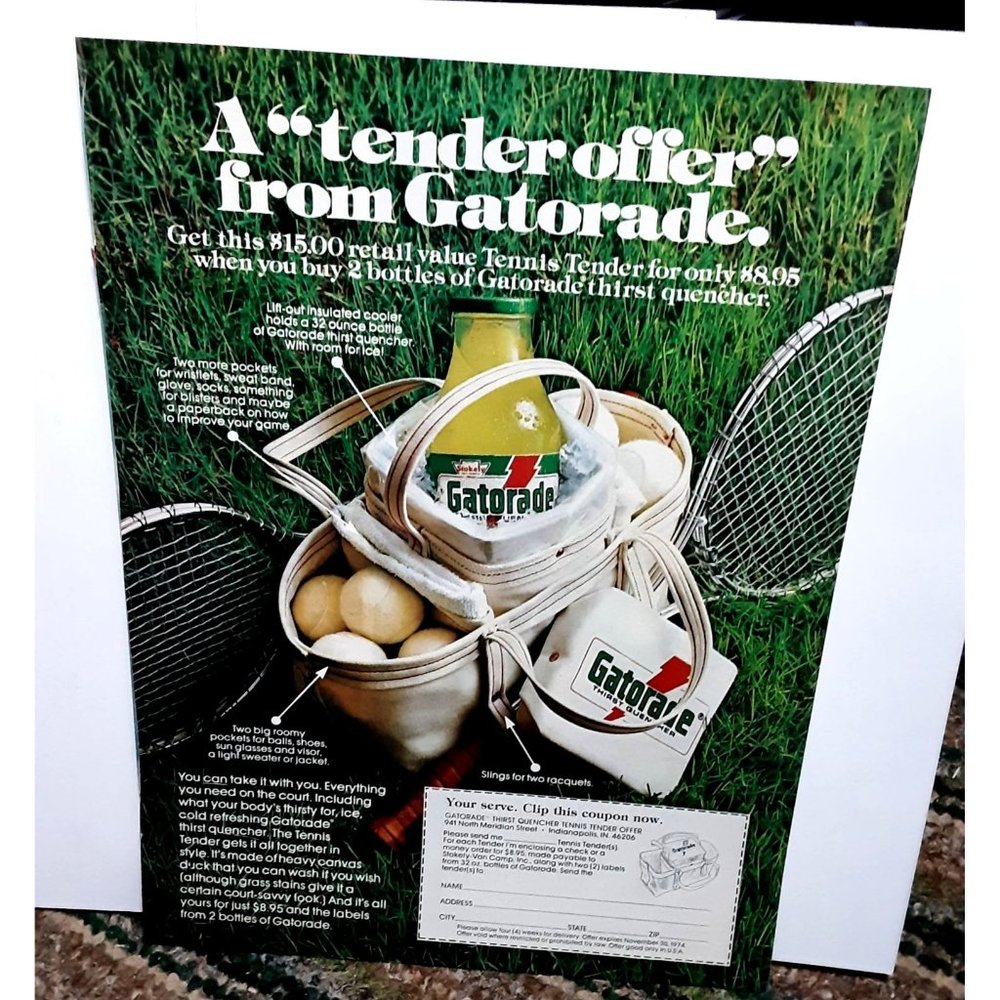 1974 Gatorade Glass Bottle Tennis Theme Print Ad vintage 70s